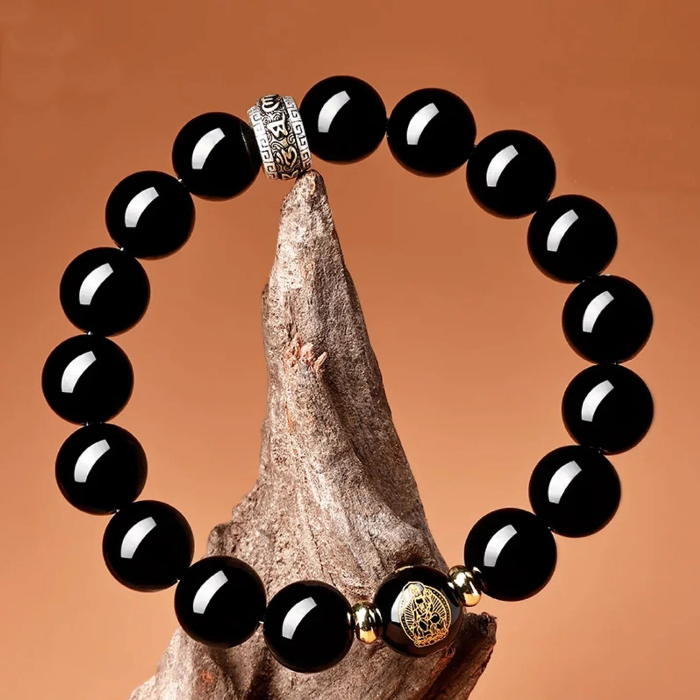 黑曜石蓮花圖案流動手鍊