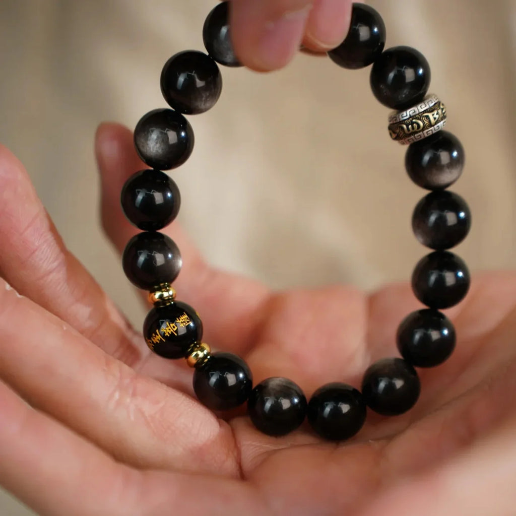 黑曜石蓮花圖案流動手鍊