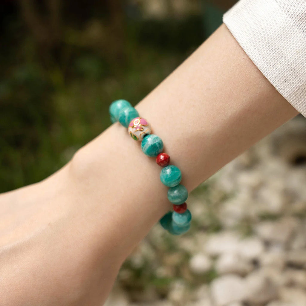 天然亞馬遜石和硃砂串珠手鍊