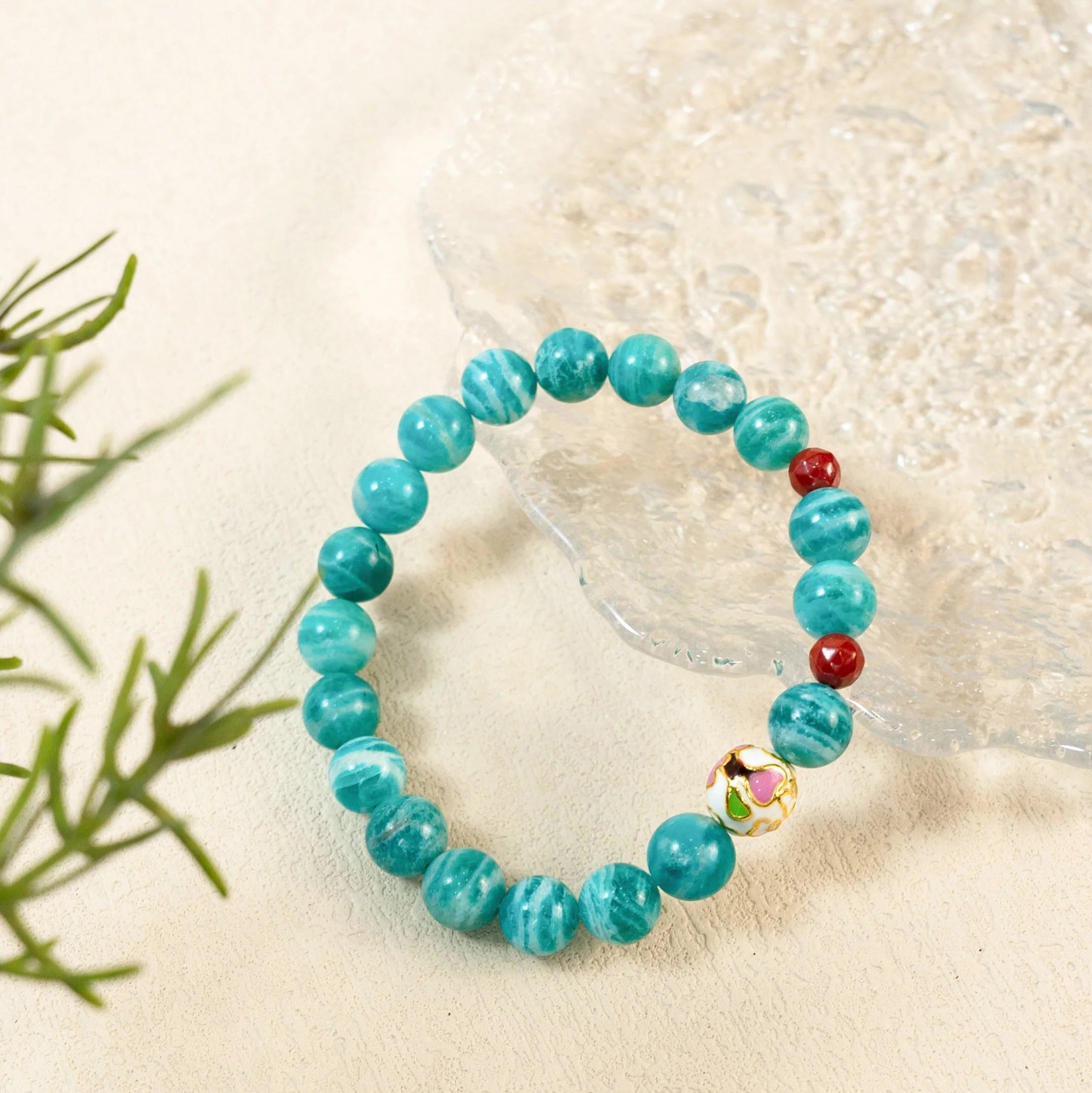 天然亞馬遜石和硃砂串珠手鍊