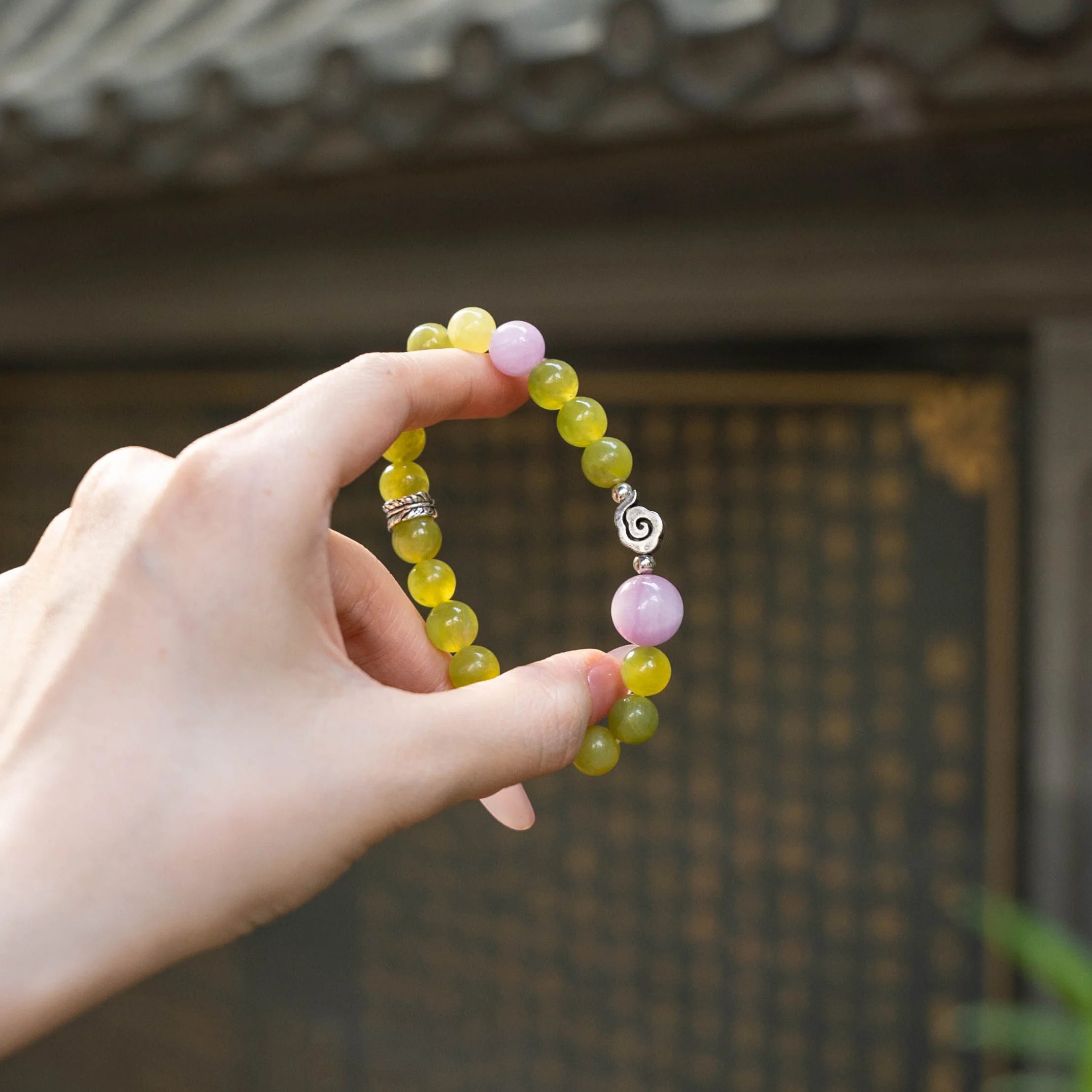 綠玉與玫瑰石英成長手鍊