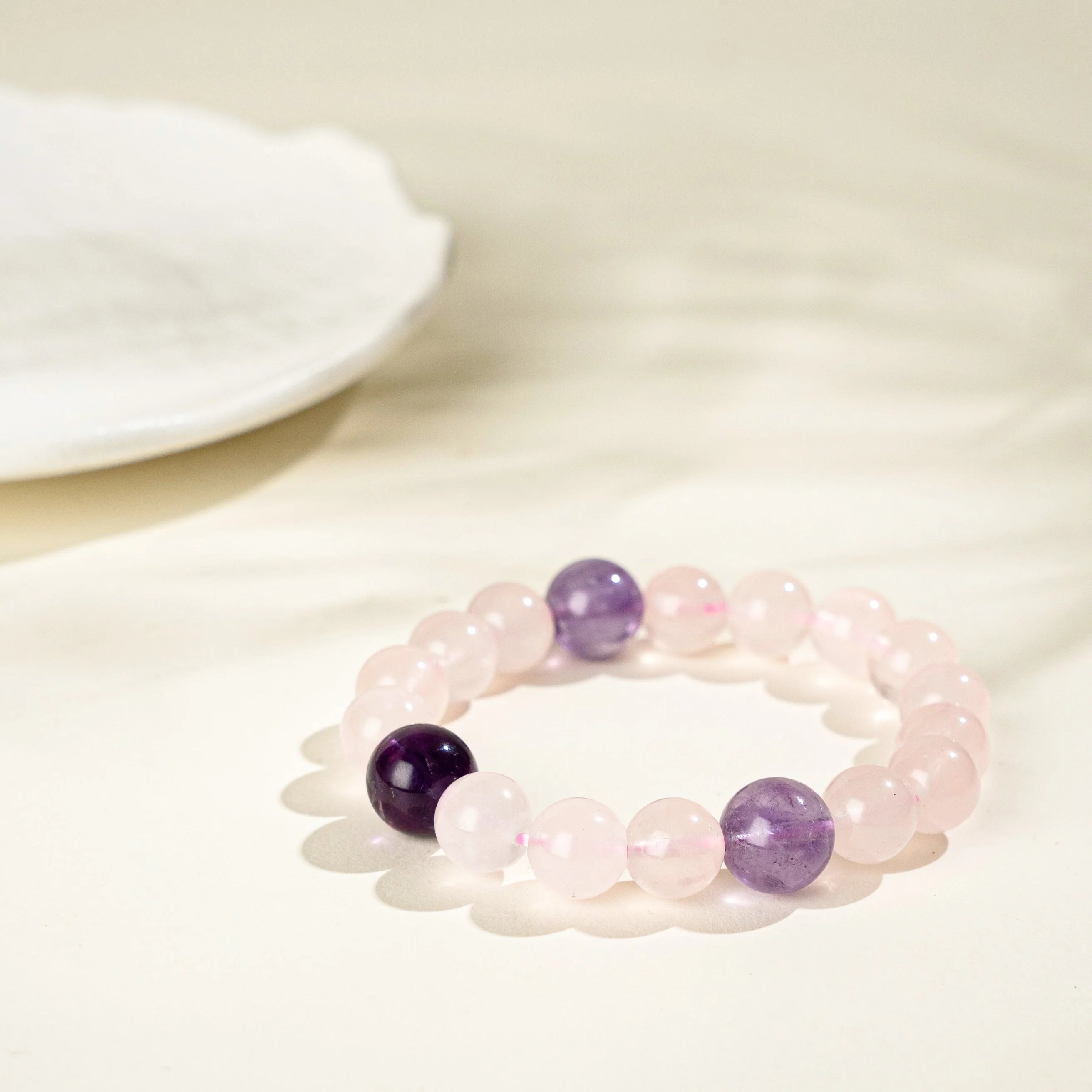 馬達加斯加玫瑰石英、薰衣草與深紫水晶手鍊