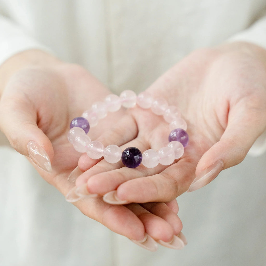 馬達加斯加玫瑰石英、薰衣草與深紫水晶手鍊