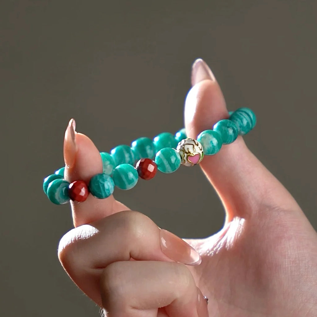 天然亞馬遜石和硃砂串珠手鍊