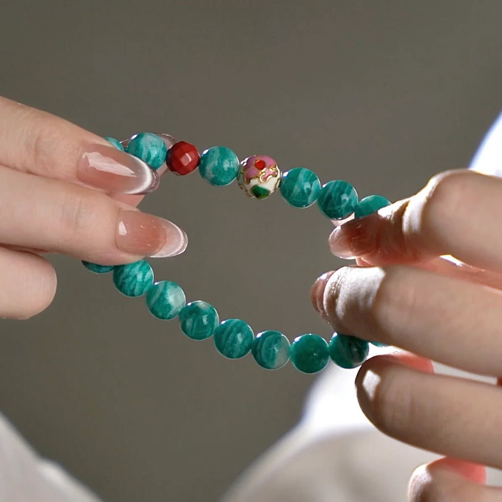 天然亞馬遜石和硃砂串珠手鍊